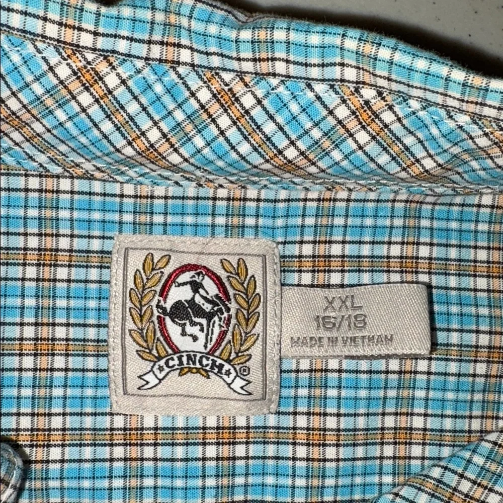 Cinch Boys XXL Teal and Orange Plaid Western Long Sleeve Button Down Shirt